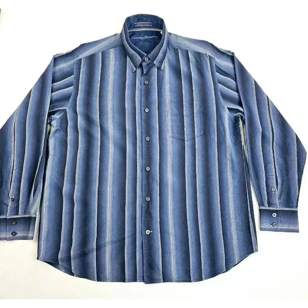Tommy Bahama Size Large Men Blue Vanilla Trim Blue Stripe Button Down Silk Shirt